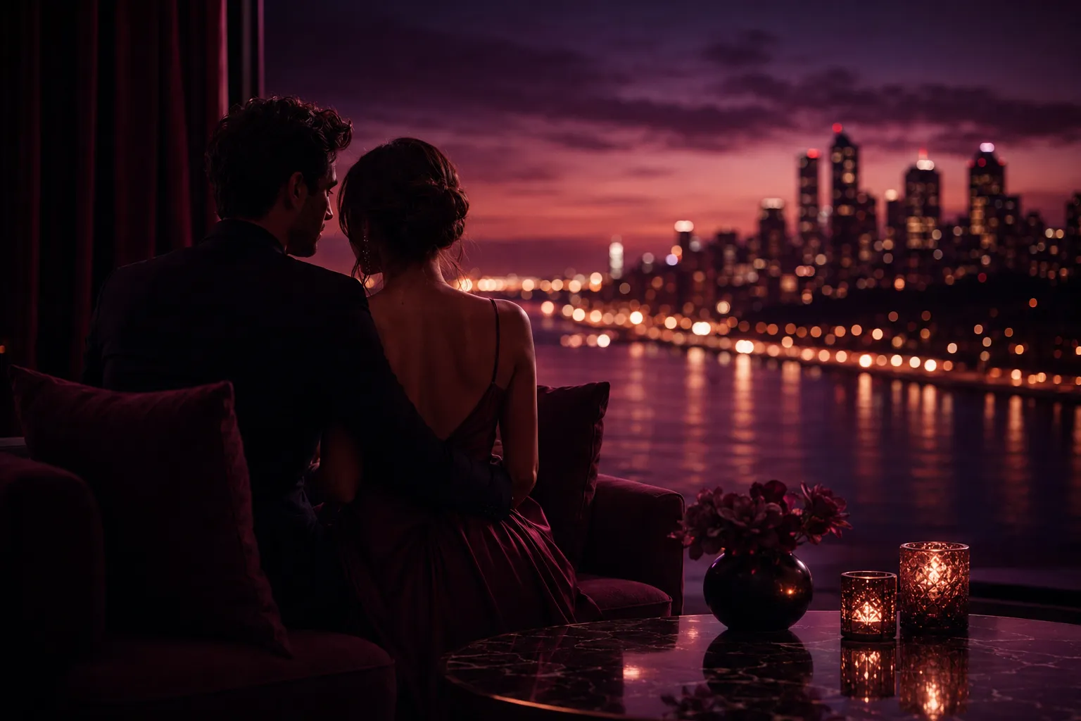 Couple enjoying a city view at dusk